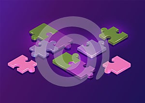 3d isometric puzzle pieces background. Jigsaw game