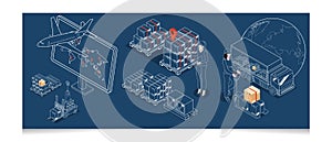 3D isometric set of Global logistics network scenes concept with Transportation operation service, Export, Import, Cargo, Air,