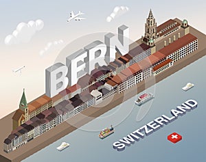 3d isometric skyline of Swiss city Bern