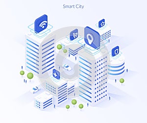 3d isometric smart city for concept design. Energy power technology iot. Global network connection. Smart industry