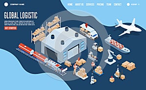 3D isometric Smart logistics concept with Warehouse Logistic, Workers loading products, transportation truck use wireless