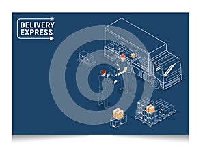 3D isometric Smart logistics concept with worker scanning barcode on box, Warehouse Logistics and Management, Logistics solutions