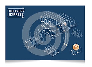 3D isometric Smart logistics concept with worker scanning barcode on box, Warehouse Logistics and Management, Logistics solutions