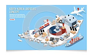 3D isometric South Korea Logistics concept with Global Logistics, Warehouse Logistics, Sea Freight Logistics, Transportation