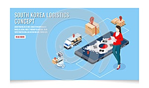 3D isometric South Korea Logistics concept with Global Logistics, Warehouse Logistics, Sea Freight Logistics, Transportation