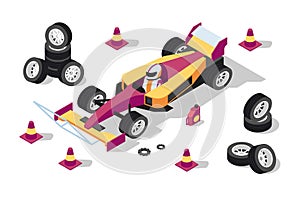 3d isometric sport car at pit stop with wheels, cones and gear.