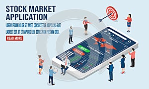 3D isometric stock marketing application concept with business people, online statistic, data Analytics, finance and online