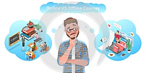 3D Isometric Vector Concept of Online Courses vs Offline Courses.