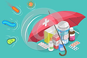3D Isometric Vector Conceptual Illustration of Antibiotic Protection.