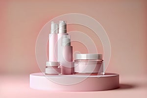 3d jars of cosmetics on a pastel color podium.
