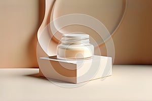 3d jars of cosmetics on a pastel color podium.