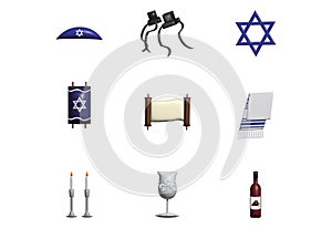 3D Jewish symbols set, Kippah, Tefillin, Star of David, Torah scroll, Tallit, Shabbat candles, Kiddush cup, wine bottle illustrati