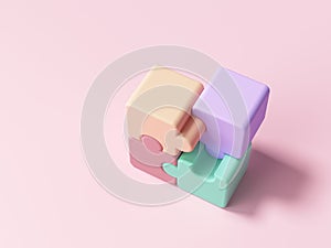 3D jigsaw puzzle pieces on pink background. Problem-solving, business concept. 3d render illustration