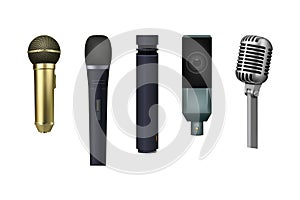 3D karaoke microphone. Realistic mic. Sing in music studio. Live media sound. Speech voice volume equipment. Old black