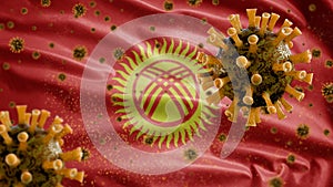 3D, Kirghizia flag waving with Coronavirus outbreak. Kyrgyzstan Covid 19