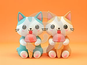 3d kittens with fruit ice-cream cones. Clay characters