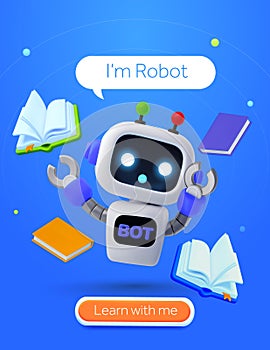 3d knowledgable robot or AI help desk banner template. Combination of chatbot, books, CTA isolated on background. 3d