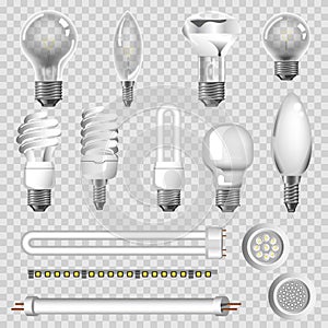 3D lamps types of led bulbs vector isolated icons