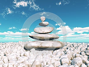 3D landscape with balancing zen pebbles with sunny blue sky