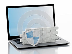 3d Laptop with brick wall. Firewall concept.