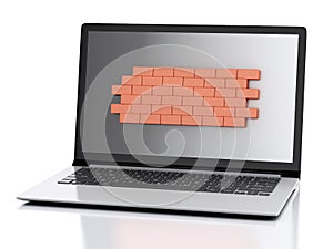 3d Laptop with brick wall. Firewall concept.