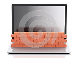 3d Laptop with brick wall. Firewall concept.