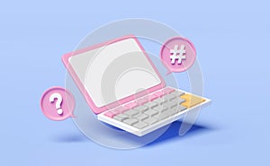 3D laptop computer with SEO, question mark, tag search icons isolated on purple background. online social, communication