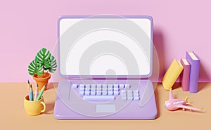 3d laptop computer on table with blank screen, coffee cup, plane isolated on pink background. 3d render illustration
