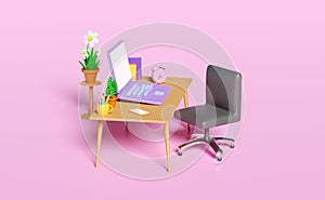 3d laptop computer on table with desk in office, coffee cup, plane, textbook, book, flower pot, office chair isolated on pink