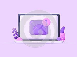 3d laptop and e-mail notification on the screen isolated on light background. Email notification concept