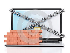3d Laptop with lock and brick wall. Firewall concept.