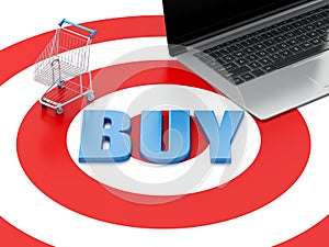 3d Laptop pc Shopping cart on target. E-commerce concept