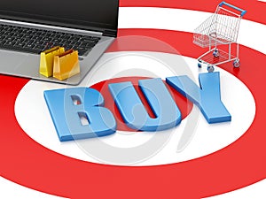 3d Laptop pc Shopping cart on target. E-commerce concept