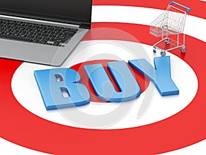 3d Laptop pc Shopping cart on target. E-commerce concept