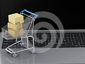3d Laptop with Shopping cart and cardboard boxes