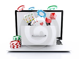 3d Laptop with slot machine, roulette, chips, poker cards and di