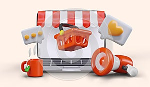 3D laptop with striped canopy, shopping basket, megaphone