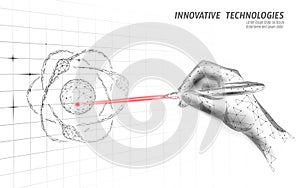 3D laser engeneering atomic phisics concept. Hand with pen graphic vector illustration