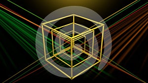 3d laser show with rotating wireframe cube, color changing object with colorful rays on black background, disco or