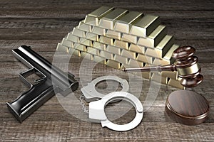 3D law, bank robbery concept - handcuffs, gun, gavel, gold