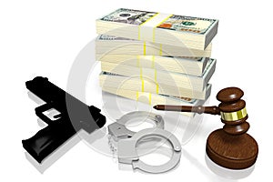 3D law concept - handcuffs, gun, hundred dollar bills