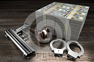 3D law concept - handcuffs, gun, hundred dollar bills