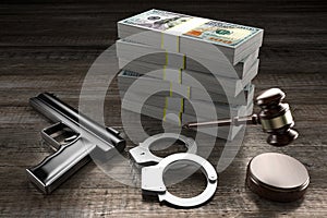 3D law concept - handcuffs, gun, hundred dollar bills