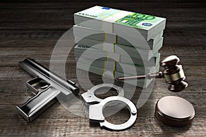 3D law concept - handcuffs, gun, hundred euro bills
