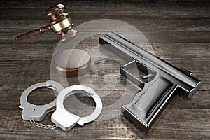 3D law, crime concept - handcuffs, gun, wooden background