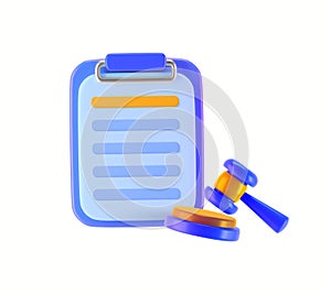 3d Lawyer and court symbol. 3d rendered court hammer and clipboard, contract or document, isolated on background. Vector