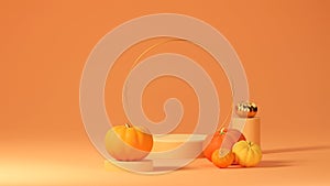 3d layout Halloween scene with product podium on orange background. Pumpkins stage with display podium. Autumn 3d design