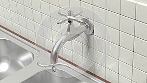 3D leaky water tap on wall