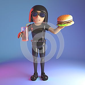 3d leather catsuit goth girl eating a beef burger and drinking a soft drink