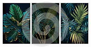 3d leaves branches tree canvas wall artwork. black background with green, turquoise and golden leaves
